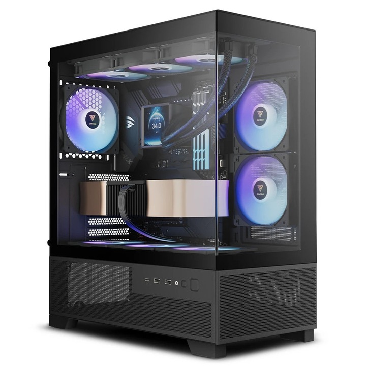 Компютърна кутия Gamdias кутия Case mATX - AURA GC12 ARGB BK - 6 x 120 mm A-RGB, USB-C, Tempered Glass GAMDIAS-AURA-GC12-ARGB-BK