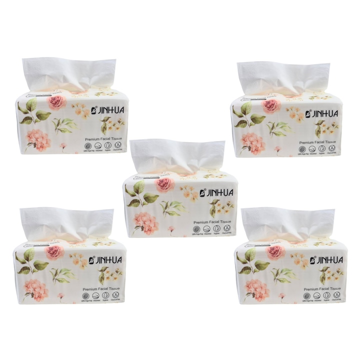 Servetele uscate Premium, Jinhua, Set 5 pachete, 4 Straturi, 675buc, 100% Celuloza Virgina, Fara Miros si Fara Clor, 150x180mm, Alb Pur, Jinhua, Alb pur