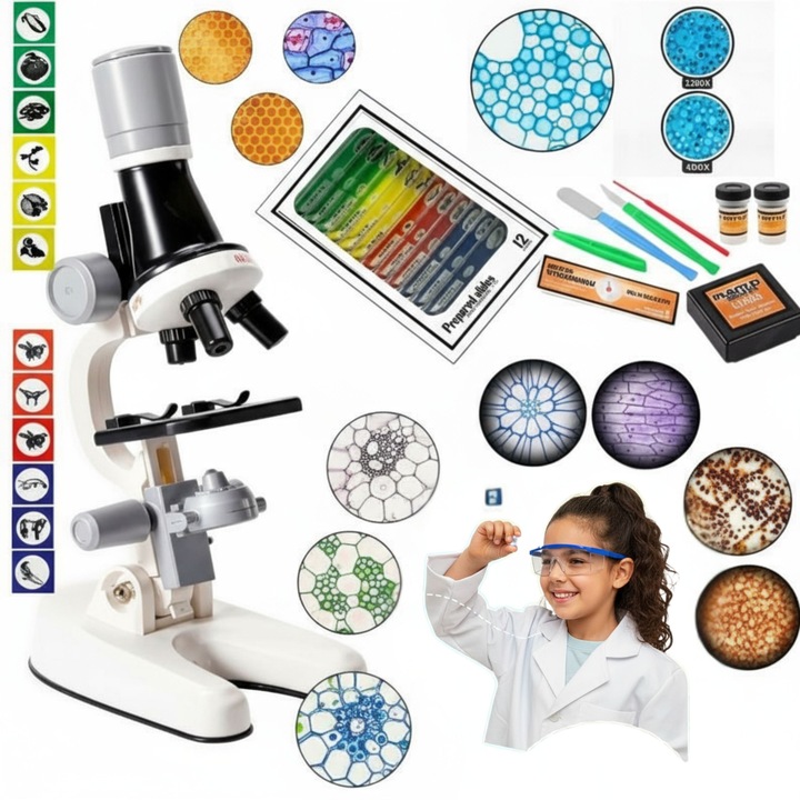 Microscop educational pentru copii, set 24 preparate biologice, 3 niveluri de marire, iluminare LED