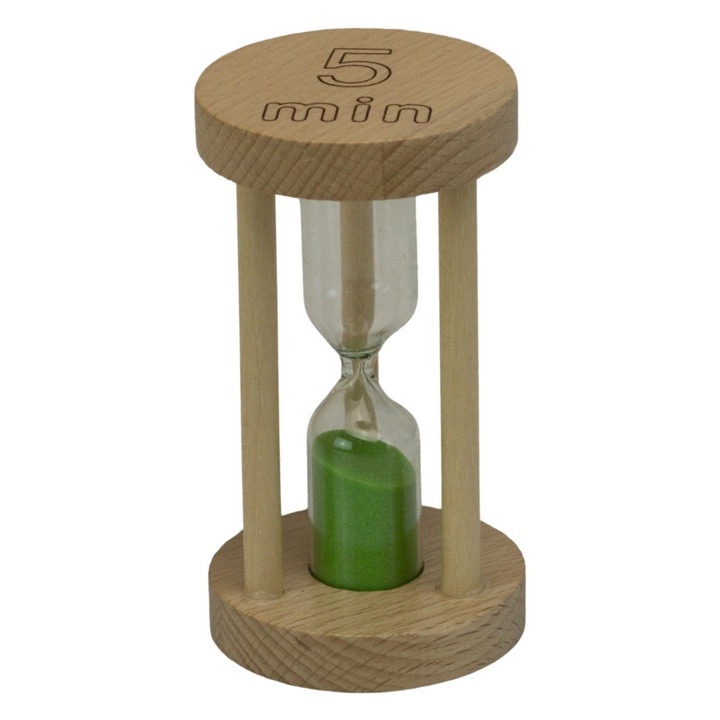 Clepsidra sticla cu suport lemn, verde, 5 min, 5 x 9 cm, OnemisFlot