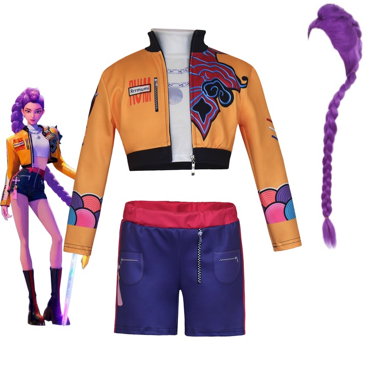 Комплект костюм и перука за косплей KPop Demon Hunters, Руми, 9-10 години, Funny Party Team®