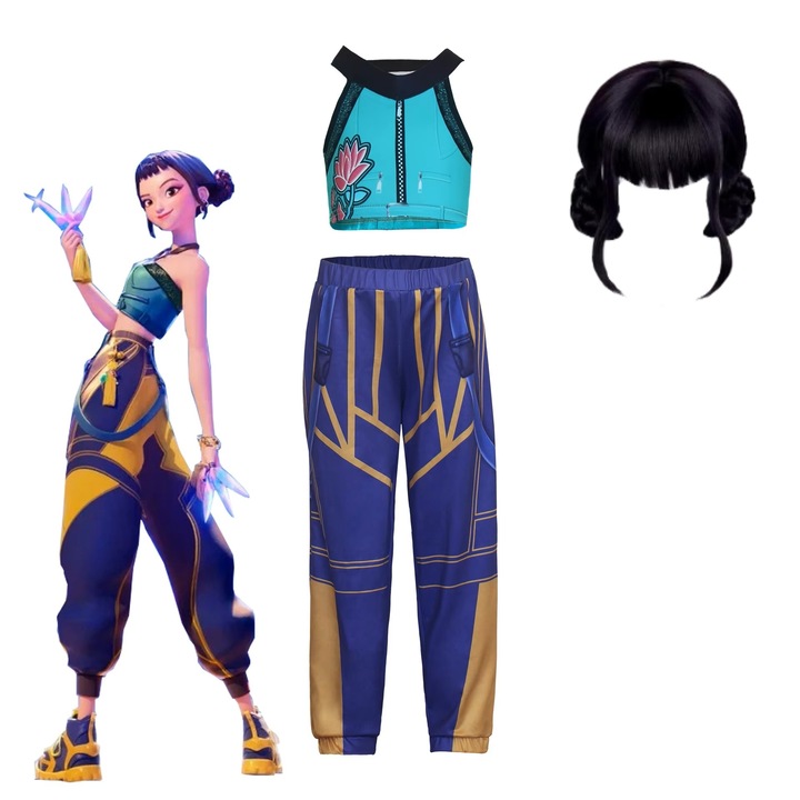 Костюм за косплей Zoey, Demon Hunters K‑Pop, костюм и перука, многоцветен, идеален за фенове и тематични събития, 5-6 години, Funny Party Team®