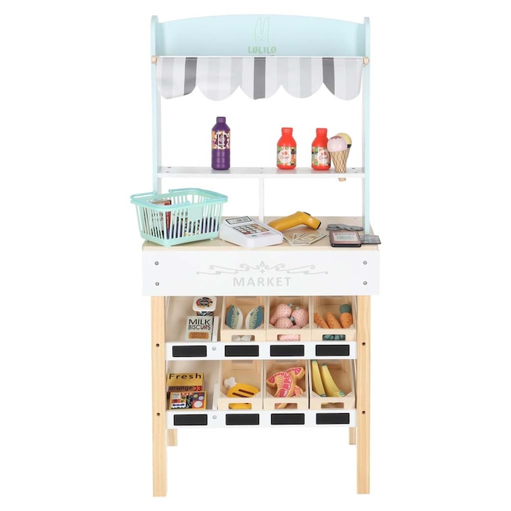 Magazin din lemn pentru copii LULILO Melo Market – casa de marcat si accesorii, 45x27x97cm