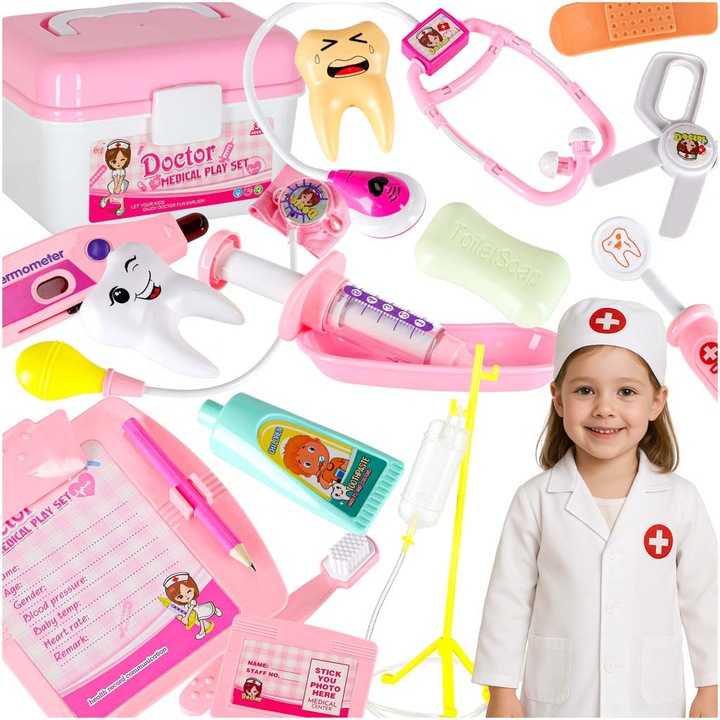 Set joaca doctor, Artemis, 35 accesorii medicale, costum, alb/roz, 22x14x13cm