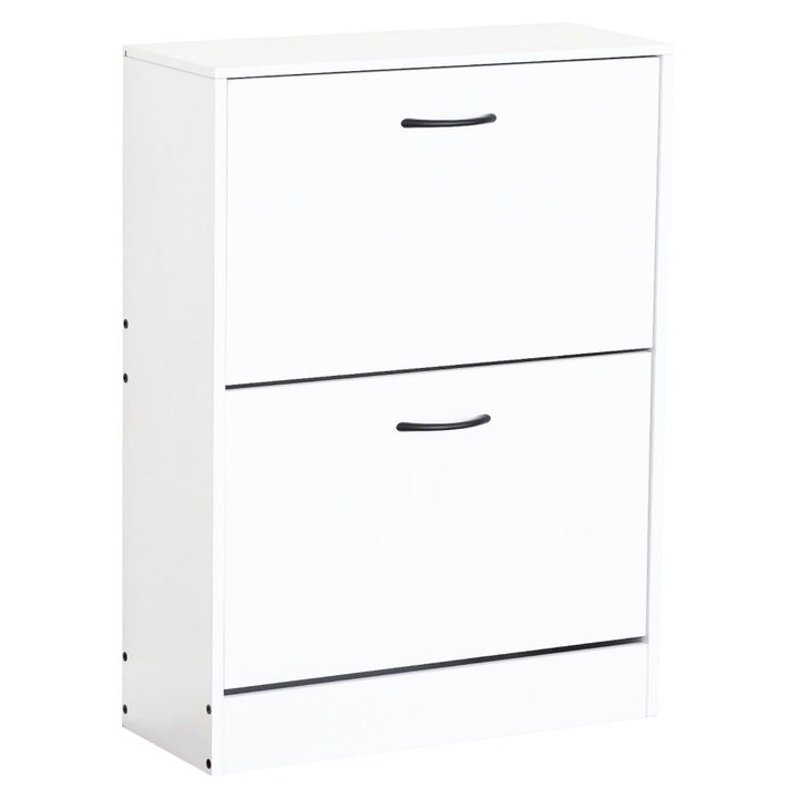 Pantofar cu 2 sertare basculante, culoare alb, din PAL, ideal pentru hol sau living, capacitate aproximativ 15 perechi, 60x24x81cm