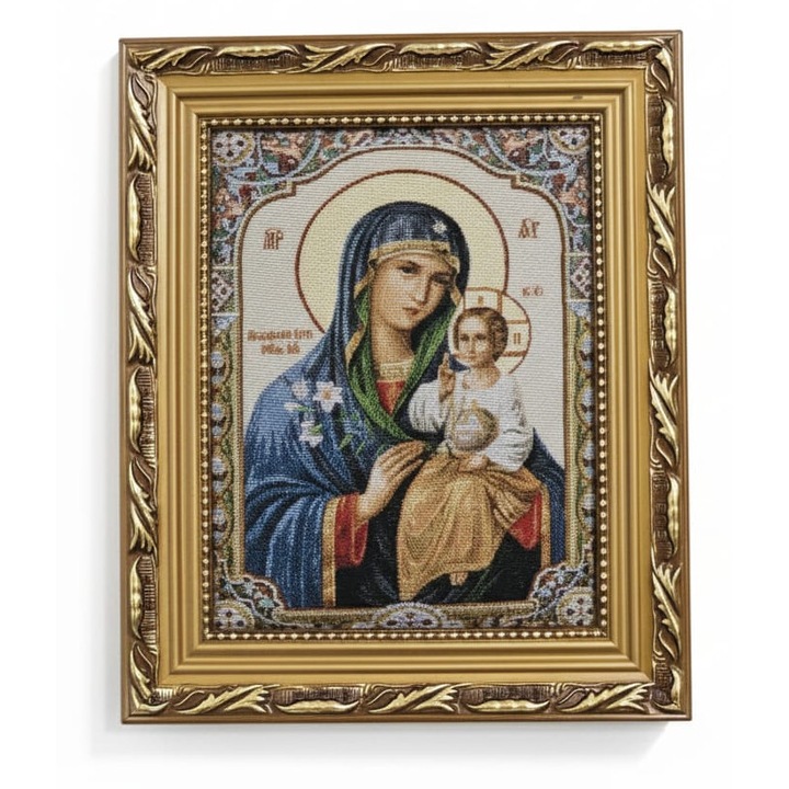 Icoana Textila Ortodoxa (Goblen), Montata pe Suport Lemn, Rama Baroc din Lemn Auriu, 26X31 Maica Domnului Odighitria, Fecioara Maria Indrumatoarea