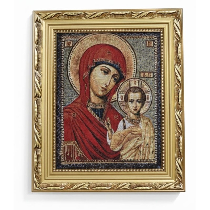 Icoana Textila Ortodoxa (Goblen), Montata pe Suport Lemn, Rama Baroc din Lemn Auriu,26X31 Maica Domnului cu Pruncul, Icoana Eleousa (Dulcea Sarutare)