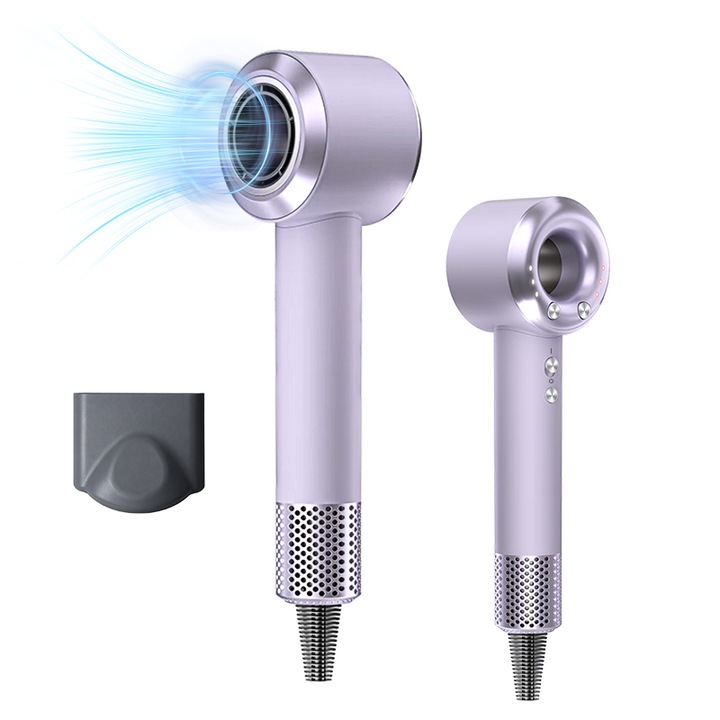 Професионален сешоар, Qtenzivize, 3 температурни степени, 3 скорости, 200 милиона отрицателни йони за коса, 110000 RPM, 1400 W, Ултра лек и преносим дизайн, Светло лилав