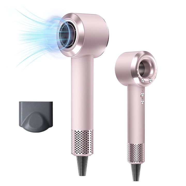 Професионален сешоар, Qtenzivize, 3 температурни нива, 3 скорости, 200 милиона отрицателни йони за коса, 110000 RPM, 1400 W, Ултра лек и преносим дизайн, Светло розов