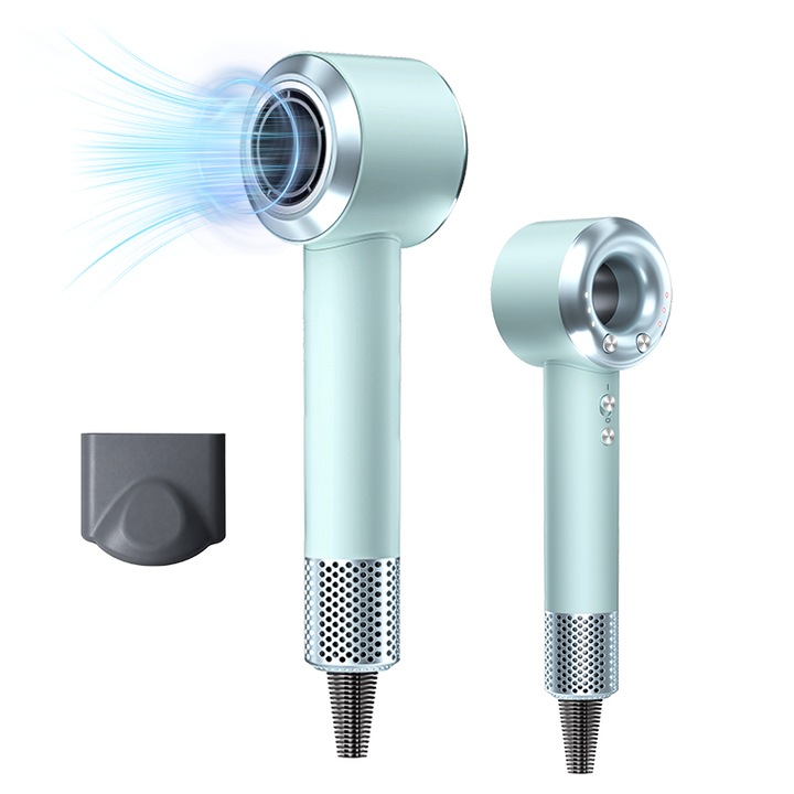 Професионален сешоар, Qtenzivize, 3 температурни степени, 3 скорости, 200 милиона отрицателни йони за коса, 110000 RPM, 1400 W, Ултра лек и преносим дизайн, Светлозелен