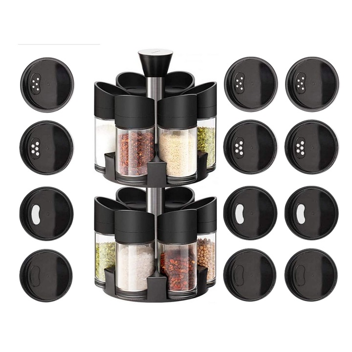 Forgó fűszertartó 12 üvegfűszeres edényhez, 360°-os tartó, állítható adagolófedél