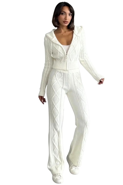 Compleu casual din tricot TOREN, bluza scurta cu fermoar si pantaloni, Alb, Marime universala S/M, FashionForYou