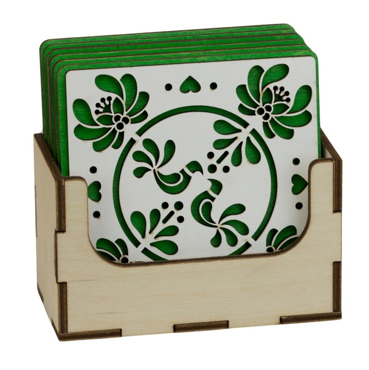 Set suporturi pahare OnemisFlot Traditional Floral Pasari, lemn, verde, 6 buc, 8.5x8.5cm
