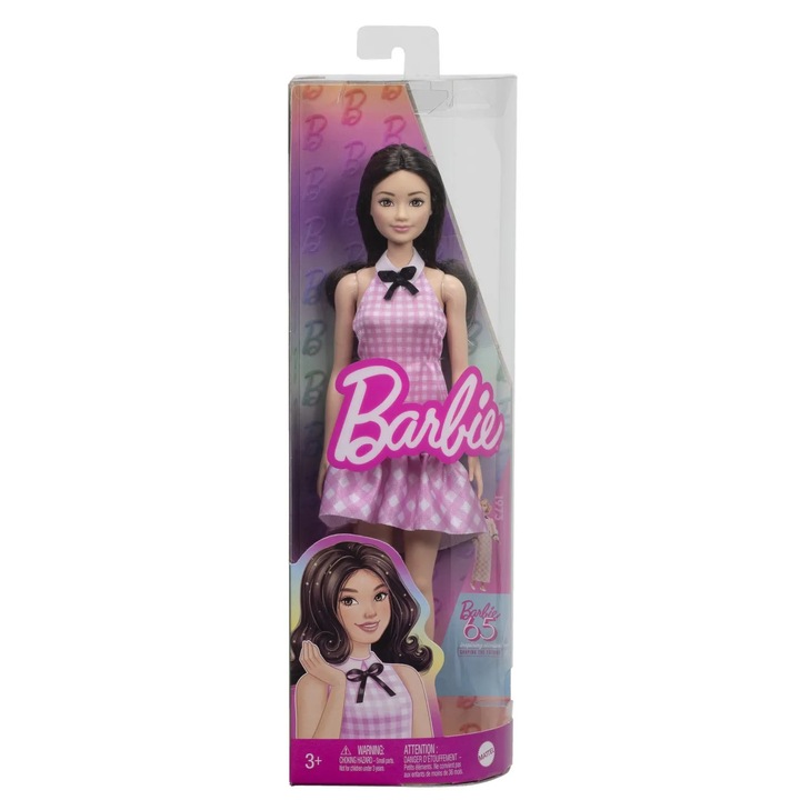 Papusa Barbie, Mattel, Fashionistas, rochie roz cu carouri, editie aniversara
