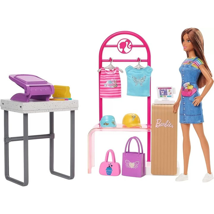 Set Papusi Mattel Barbie Magazinul de Imprimat, 20 accesorii, 150 look-uri diferite