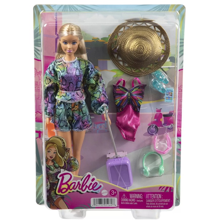 Papusa Barbie in Calatorie, Mattel, costum de baie cu tematica fluture, accesorii de calatorie, set