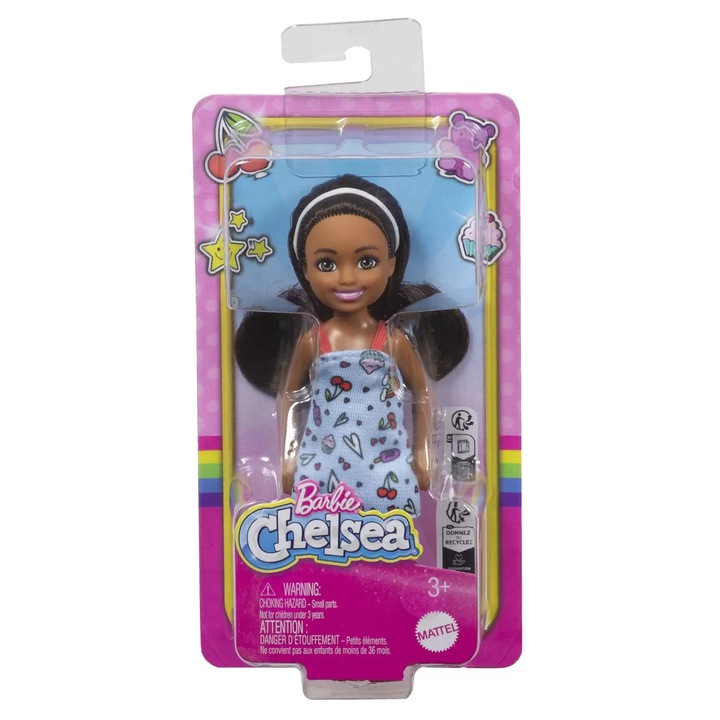 Barbie papusa chelsea creola cu par saten si rochita albastra