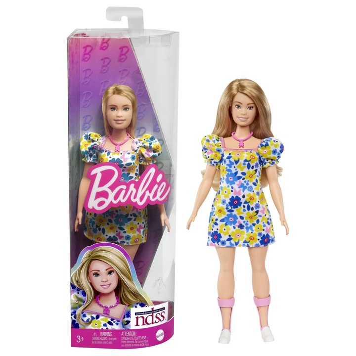 Papusa Barbie Fashionista, blonda, cu sindrom Down, tinuta colorata cu flori, accesorii unice