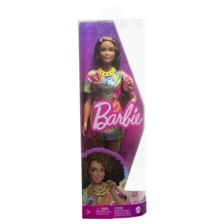 Barbie Fashionista barna hajú baba „jó hangulatú” mintás ruhával