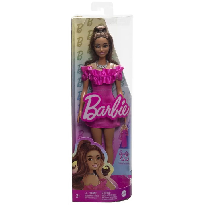 Papusa barbie fashionista satena cu rochie roz