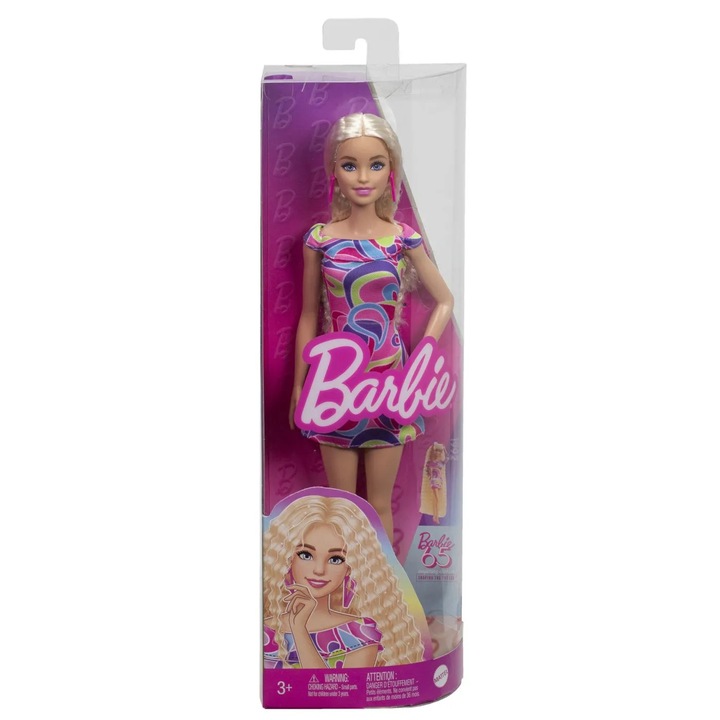 Papusa Barbie Fashionista, rochie colorata cu imprimeu, par blond ondulat, pantofi roz, accesorii roz