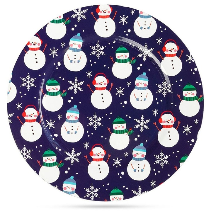 Farfurie decorativa pentru masa de Craciun, Artemis, 33x33cm, bleumarin, motiv cu fulgi si om de zapada