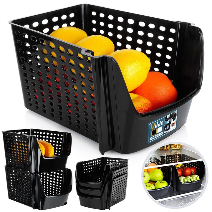 Recipient Pentru Legume Si Fructe, Vilde, 29x21x16 cm, Fabricat Din Materiale Rezistente, Fara Bpa, Suprafata Perforata Pentru Circulatia Aerului, Posibilitate De Stivuire, Negru