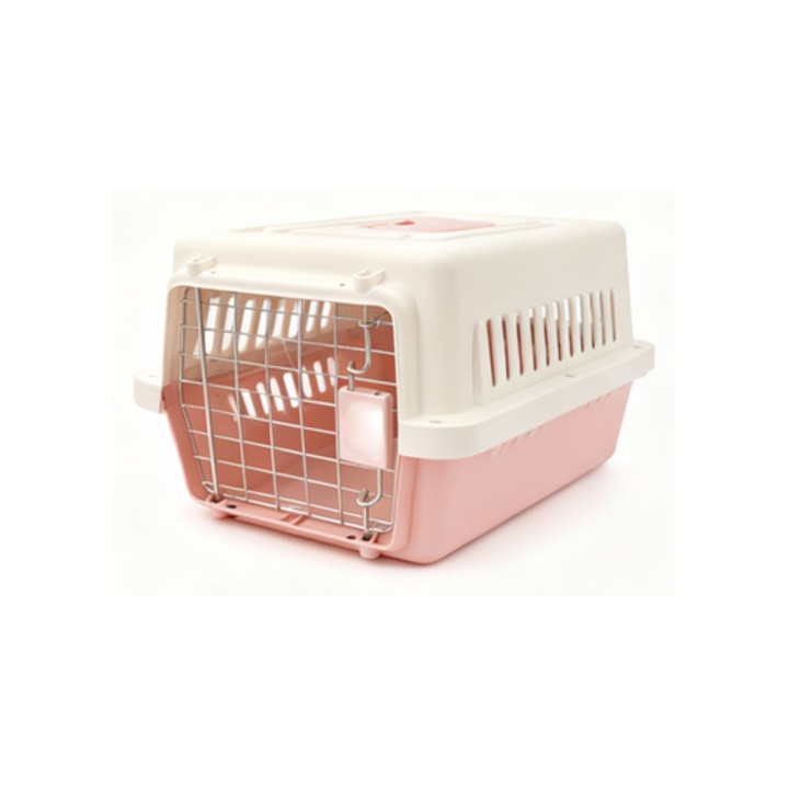 Транспортна клетка за кучета и котки Nunbell, Безопасна и издръжлива, Устойчив полипропилен, Врата от неръждаема стомана, 48×32×29.5 см, Розов