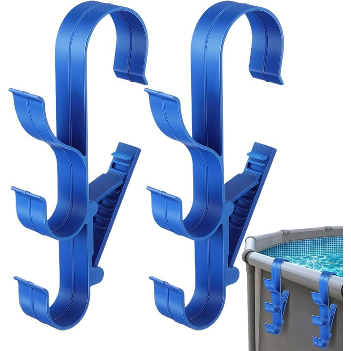 Set 2 bucati, Suport pentru accesorii piscina si unelte, cu 3 carlige, montare rapida fara scule, compatibil cu furtun 3 inch, rezistent la apa, albastru