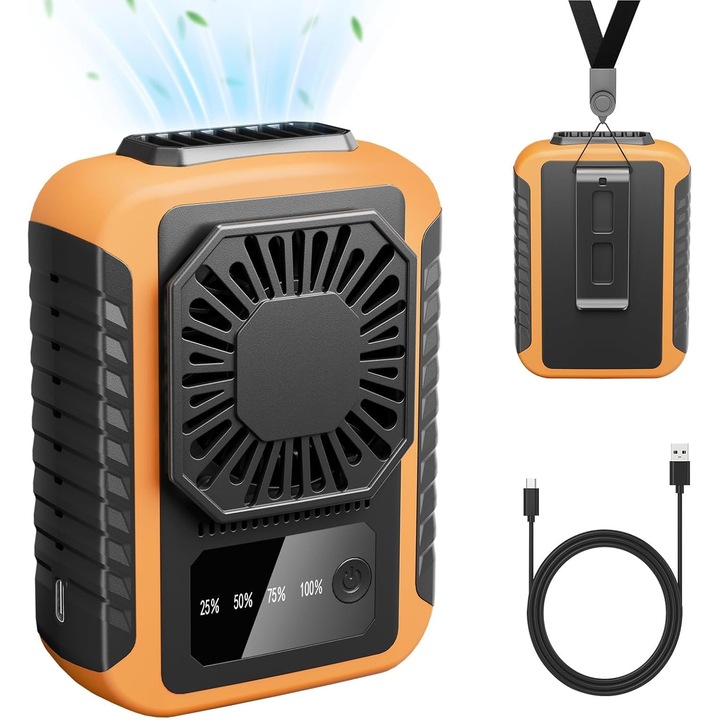 Ventilator portabil, 3 viteze, 6000mAh, clip-on, port USB, culoare portocalie, dimensiuni 5x7.5x10cm