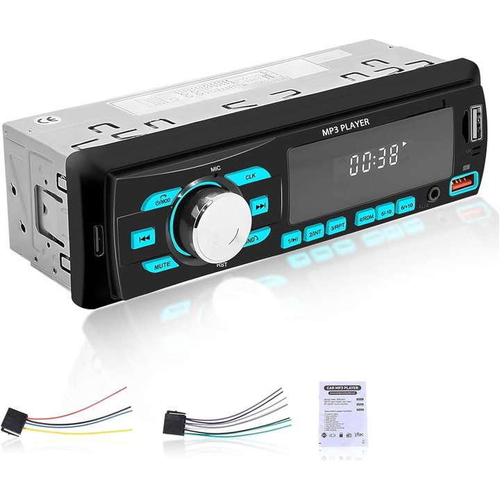 Radio auto Bluetooth, receptor FM, USB, AUX, multicolor
