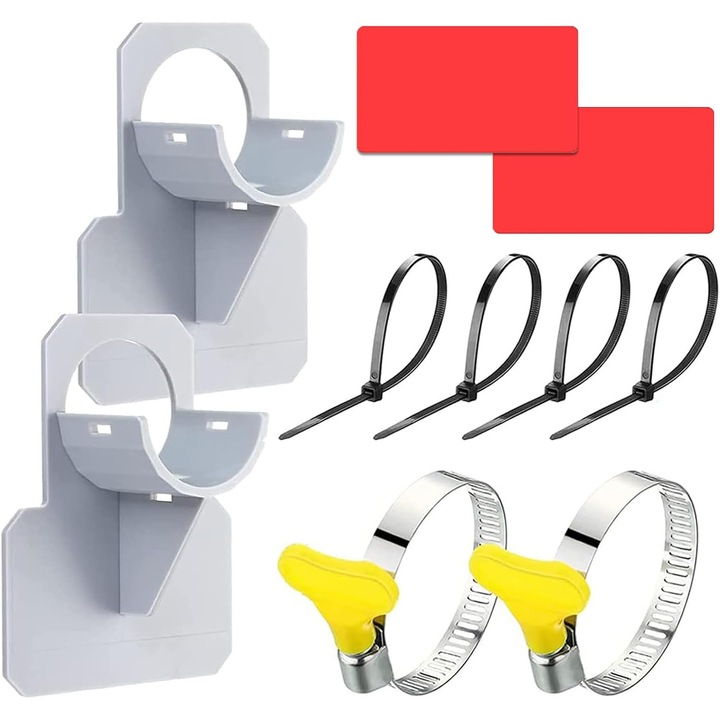 Set 2 bucati, suport pentru furtun piscina, suport furtun, din ABS rezistent la UV, cu cleme inox si benzi adezive, compatibil 26-38 mm, gri