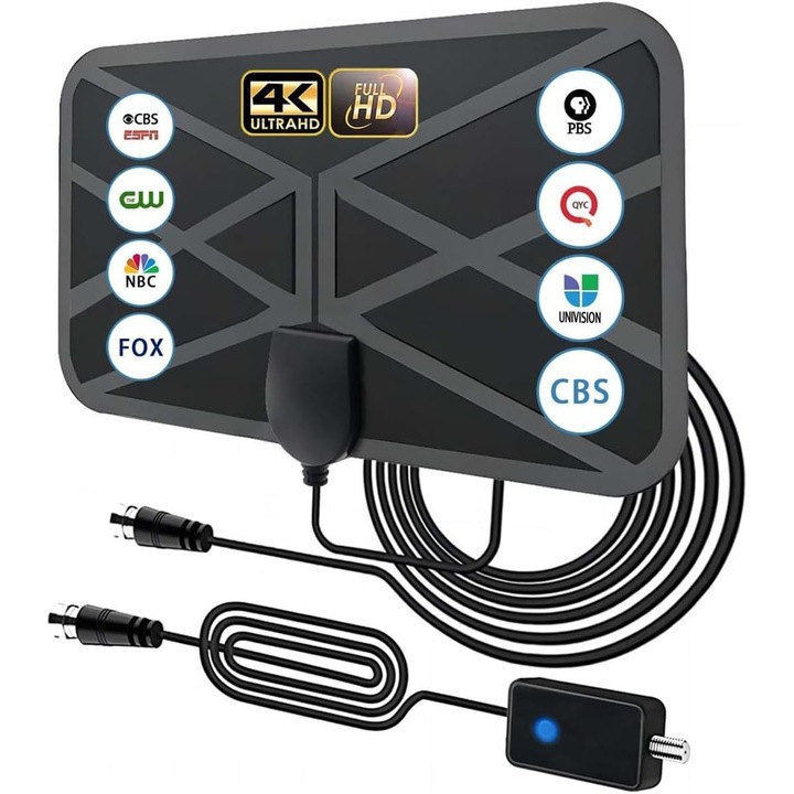 Digitális beltéri TV antenna, erősített HDTV antenna, 2024-es modell, Smart IC-vel és Crystal Clear szűrővel, VHF/UHF 174-862 MHz, 4K/1080p kompatibilis, akár 420 km hatótávolság, USB/koaxiális tápellátás, Fekete, 1 db