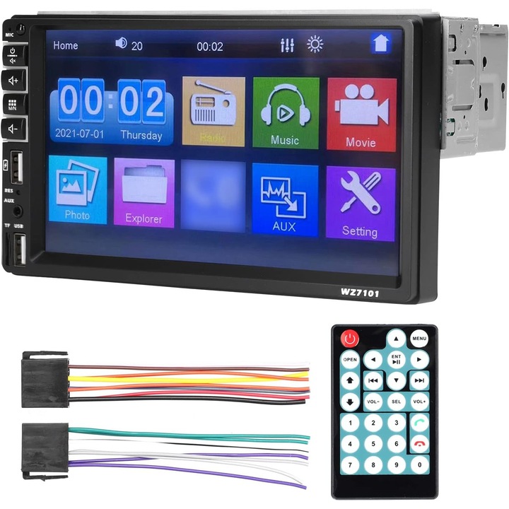 Radio auto Single DIN WZ7101 7 inch, unitate multimedia touchscreen, Wireless CarPlay si Android Auto, Bluetooth 5.1, Mirror Link, camera marsarier 12 LED inclusa, FM/RDS, EQ, control volan, telecomanda, Negru, 1 buc