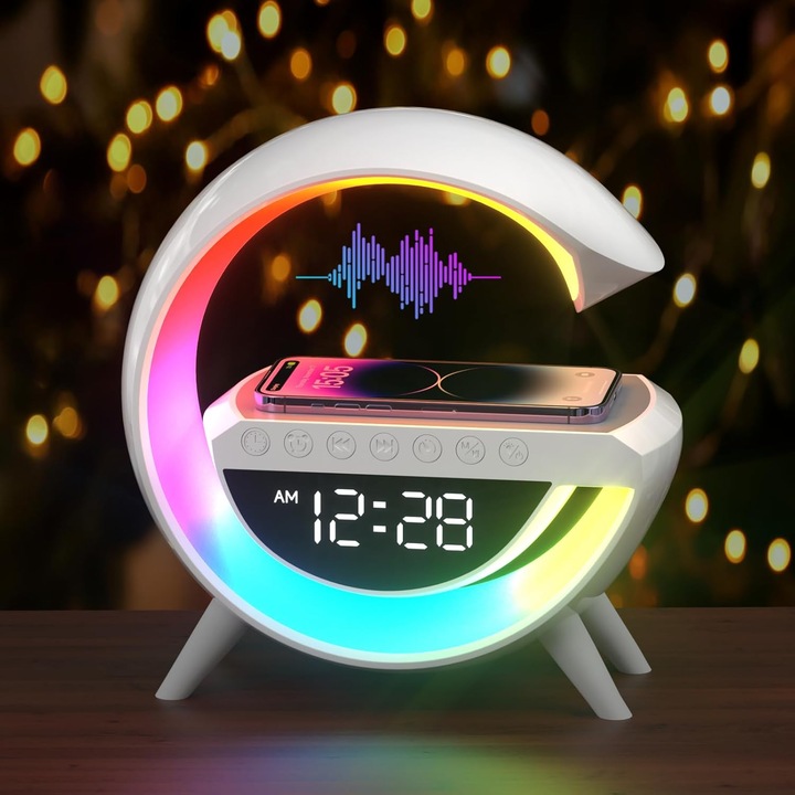 Asztali lámpa, hangulatlámpa 15W vezeték nélküli töltéssel, LED ébresztőóra és riasztó, Bluetooth hangszóró, 13 szabályozható fénymód, fehér, 1 db