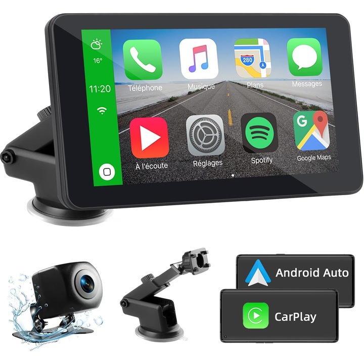 Hordozható CarPlay kijelző, 7 hüvelykes, tolatókamerával, Bluetooth, többszínű