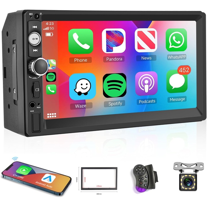 Radio auto 2-Din, 7 inch, Bluetooth, multicolor, cu camera de marsarier