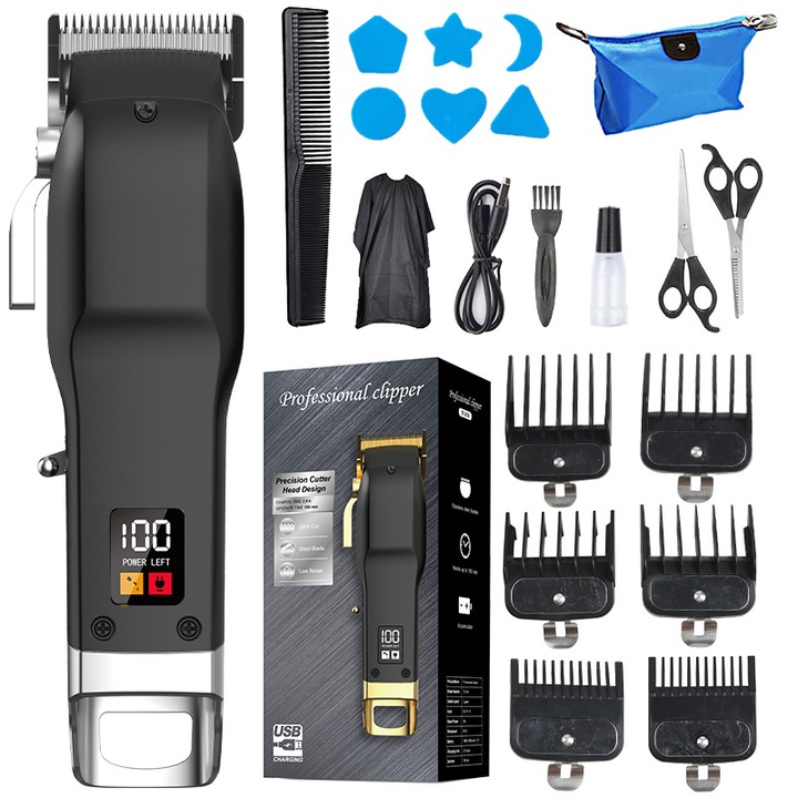 Aparat de tuns par profesional fara fir, trimmer, 1800mAh, lame profesionale, incarcare USB, include 6 piepteni, capa si trusa metalica, Negru, 1 set