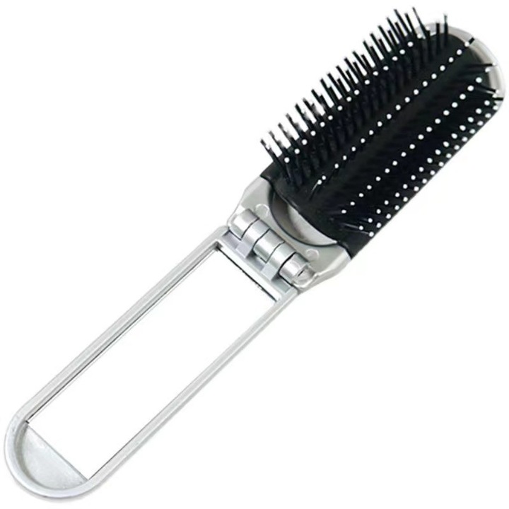 Perie de par pliabila cu oglinda detasabila, argintiu, mini, compacta