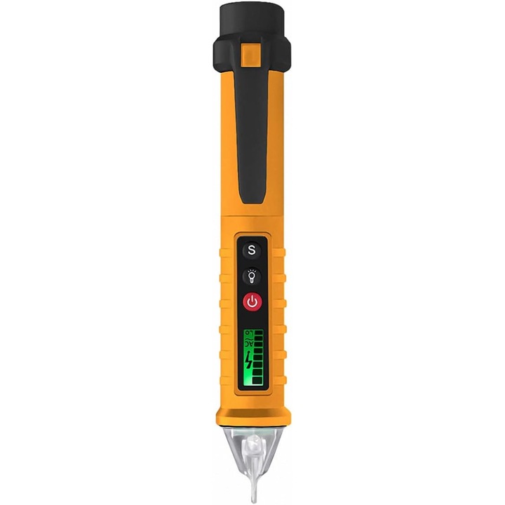 Detector de tensiune non-contact digital AC/DC, tester digital in stil pix, sensibil si ergonomic, pentru prize, cabluri si intrerupatoare, portocaliu/negru, 1 buc