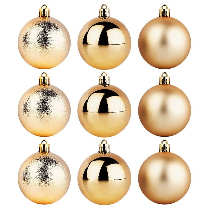 Set 9 Globuri de Craciun Artemis Aurii Nietaiate 6cm, 3x Bliscate, 3x Mate, 3x Structurate