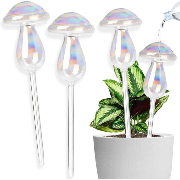 Set irigare automata pentru plante, sistem udare prin picurare din sticla, design ciuperca decorativ, reutilizabil, transparent irizat, 4 bucati