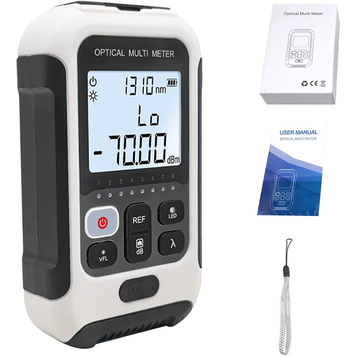 Wattmetru optic, tester optic portabil multifunctional din ABS, cu precizie ridicata, 10 lungimi de unda 850/980/1270/1300/1310/1490/1550/1577/1625/1650 nm, consum redus energie, autonomie 120 ore, alb