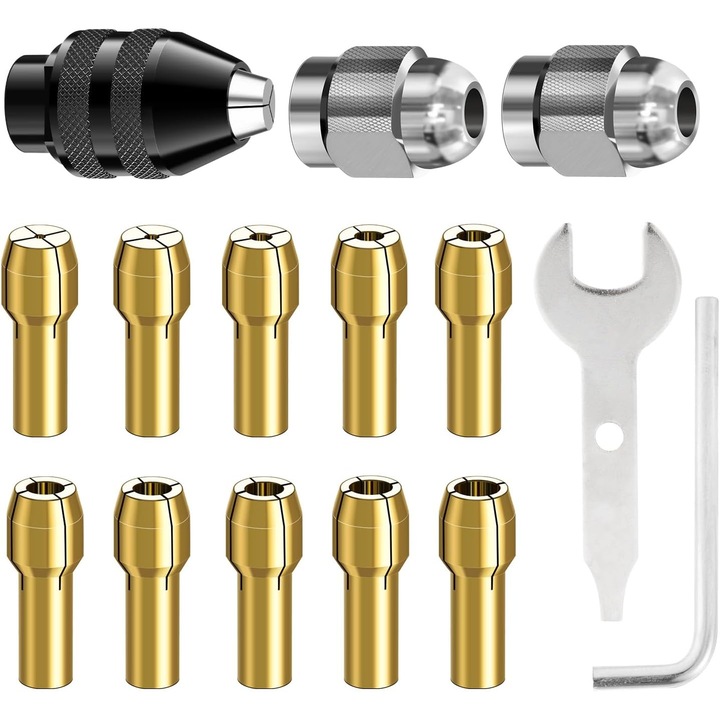 Set de mandrine compatibile Dremel cu 15 piese, accesorii pentru scule rotative, inlocuire de la 0, 8 mm la 3, 2 mm pentru mandrina cu schimbare rapida 4486, inlocuire pentru clema de prindere din alama 4485 cu piulita metalica