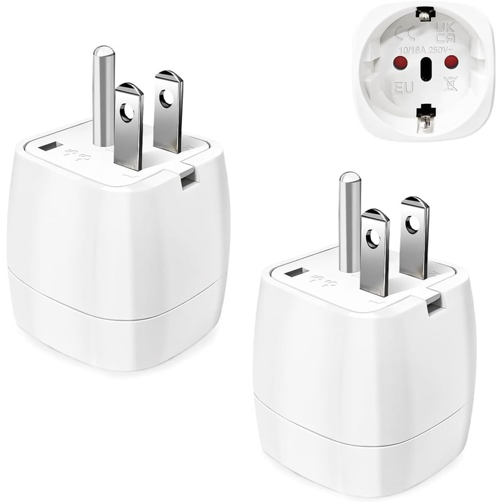 Adaptor de priza tip B, 2 bucati, pentru calatorii, convertor din 2 pini european in 3 pini american, 3.6x4.9x6.7cm, 15A, 240V