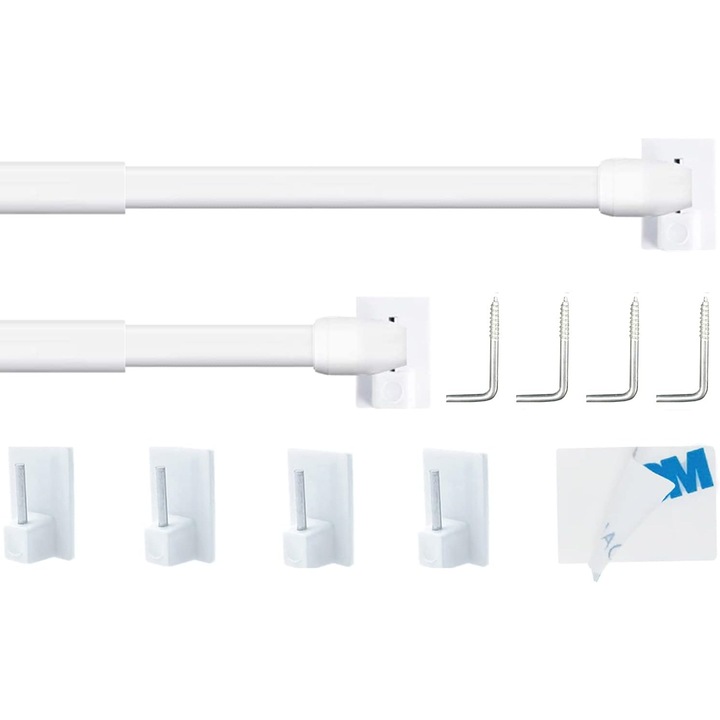 Set 2 bare perdea extensibile, alb, 40x70cm, fara gaurire