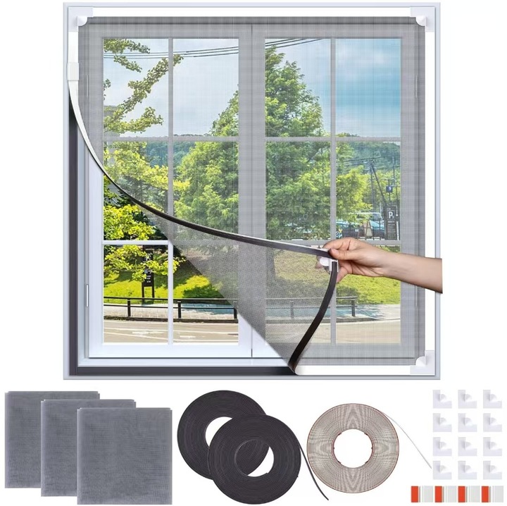 Plasa tantari magnetica pentru fereastra / plasa pentru insecte, din fibra de sticla, reglabila si taietabila pentru dimensiuni personalizate, cadru detasabil, lavabila si reutilizabila, Gri, 120 x 120 cm