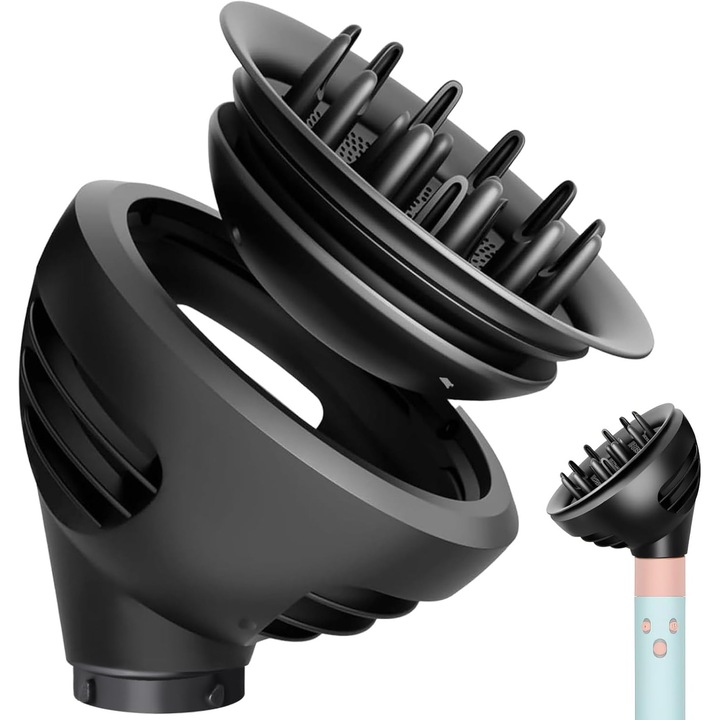 Difuzor par compatibil cu Airwrap HS01/HS05/HS08, accesoriu convertor styler in uscator, 2 moduri flux aer (mod dome, mod difuzor), conexiune magnetica intarita, material rezistent la caldura, negru, 1 buc
