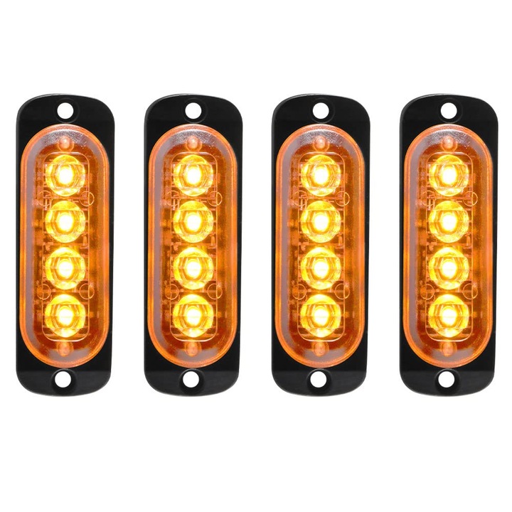 Set 4 lumini avertizare stroboscop, 12-24V, 4 LED, galben, 9.5x2.8x1.9cm