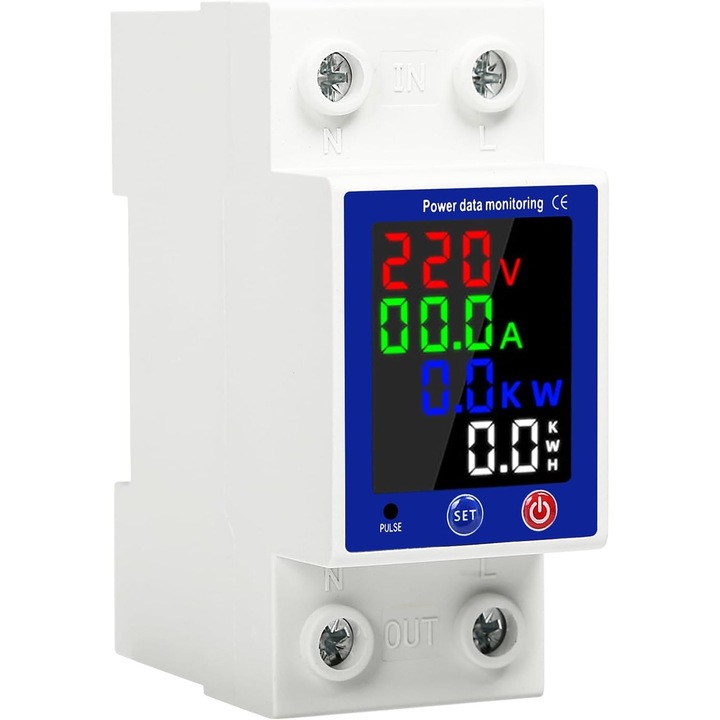 Contor de energie monofazat 63 A 230 V, contor kWh digital cu afisaj LCD color, ampermetru si voltmetru, intrerupator diferential cu protectie la supratensiune, subtensiune si scurgeri, montare pe sina DIN, Alb